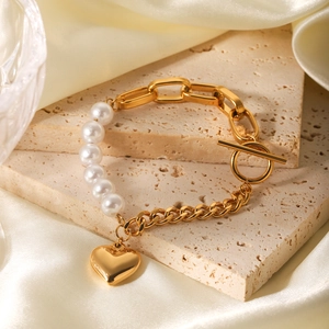 Stainless Steel Heart Pendant Artificial Pearl Bracelet For Women Elegant Stitching Chain Toggle Clasp Vintage Jewelry Gift