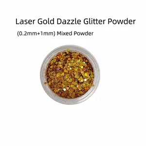 Holographic gold glitter powder with 0.2mm and 1mm hexagonal sequins in a clear jar