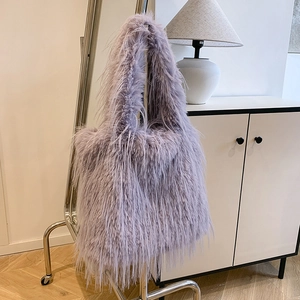 Detail of lavender plush tote bag with soft faux fur texture in a modern room