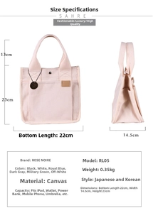 Detaillierte Größentabelle und Maße für diese 16oz Canvas Lunch Handtasche für Damen