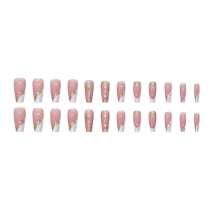 Unghie finte sfumate rosa e bianco con glitter dorati, set da 24 pezzi eleganti