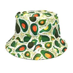 Close-up of white bucket hat with vibrant avocado print and high-quality stitching