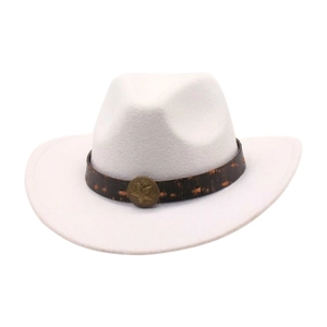 Detail view of a white western hat with star-studded brown leather belt and bronze emblem