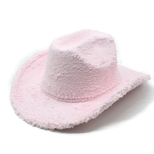 Plush pink western cowboy hat with wide brim for women, stylish fleece winter felt hat