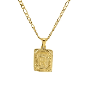 Collier maille Figaro en acier inoxydable doré 18K avec pendentif lettre R carré