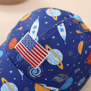 Kids navy baseball cap with space planet prints and American flag embroidery