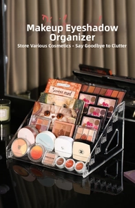 Macro view of clear acrylic tiered organizer showing multi-layer makeup storage steps