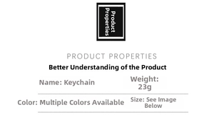 Detailed table showing product weight of 23g and multi-color options for the plush keychain