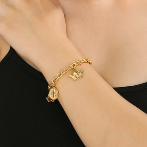 Vintage 18K gold plated thick chain bracelet with cross and angel heart pendants