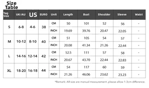 Size chart for buttoned long-sleeve knit cardigan showing measurements in cm and inches