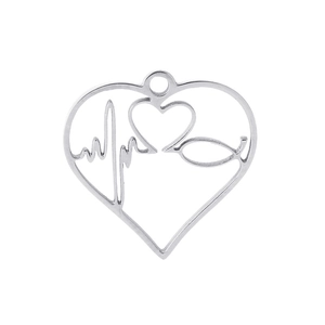 Silver stainless steel heart pendant with heartbeat stethoscope cutout on white background