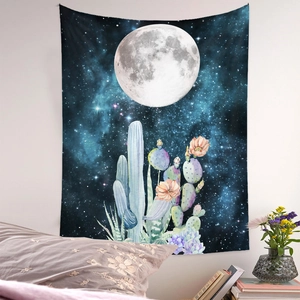 Detail of artistic desert moon tapestry hung above pillows for home wall decoration