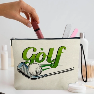 Golf Print Makeup Bag Imitation Linen Portable Cosmetic Toiletry Pouch With Zipper And Wristlet Strap Sporty Style