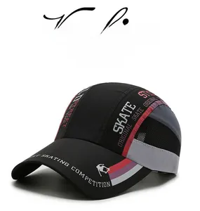 Close-up of breathable mesh panel and skate-themed embroidery on black baseball cap
