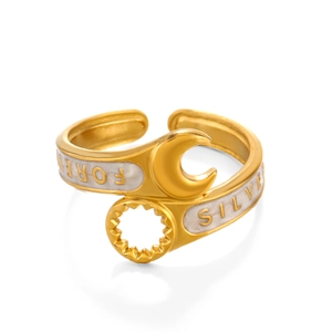 18K gold plated wrench ring with white enamel moon and gear design on white background