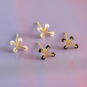 Minimalist 18k gold plated cross stud earrings with black and clear crystals