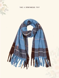 Close-up of a thick blue and brown plaid scarf featuring soft fringe edges for winter