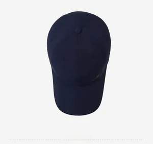 Top view of navy blue breathable quick-dry baseball cap with embroidered sports detail