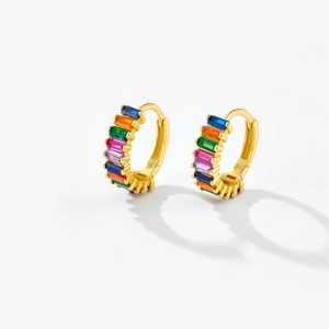 Elegant gold hoop earrings featuring multi-colored baguette-cut cubic zirconia stones