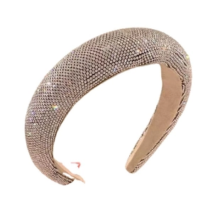 Sparkling champagne rhinestone padded headband with high-top design and beige lining