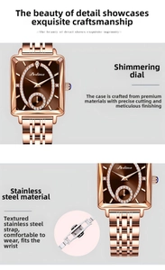 Detail view of Dedima rose gold square watch with crystal markers and steel strap