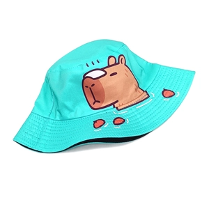 Mint green bucket hat with cute cartoon capybara print and black interior lining