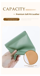 Macro detail of the soft yellow flocking lining and green PU leather texture on the pouch
