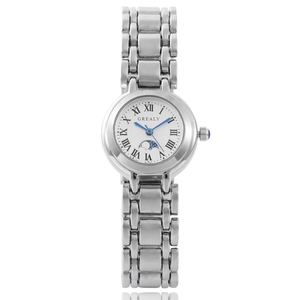 Detail of silver women's watch featuring a Roman numeral dial and moon phase display