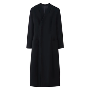 Elegant long black wool coat with stand collar and waist-slimming silhouette for winter
