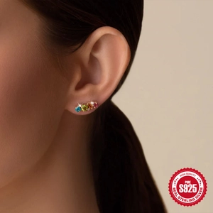 S925 Sterling Silver Geometric Long Stud Earrings with Multi-Color Zircon Gemstones