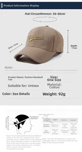 Detailed size chart for the embroidered baseball cap with precise measurements and guide