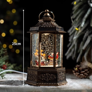 Vintage bronze musical Christmas lantern with Santa and reindeer scene and snow effect