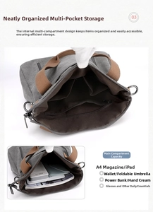 Detailed interior view of a gray canvas tote bag showing multiple storage compartments