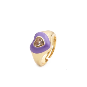 Fashion gold plated open ring with purple enamel heart and white zircon stone inlay