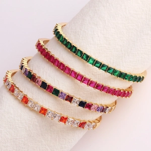 Luxurious 18K gold plated bangles featuring colorful AAA cubic zirconia square stones