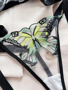 Detail of butterfly embroidery on black mesh bra with silk satin and metal hardware