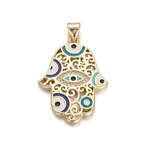 Detailed view of a gold-plated Hamsa pendant with blue enamel eye and sparkling zircons