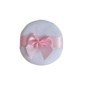 White crystal velvet powder puff with a pink satin bow for makeup and setting powder