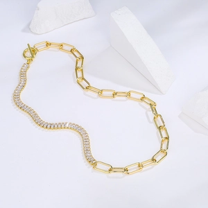 Gold-finish chain necklace featuring rectangle links and clear zircon half-pave design