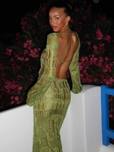 Sexy backless green open knit long sleeve maxi dress for women in evening setting