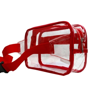 Detail view of transparent PVC fanny pack with red fabric trim and adjustable buckle belt