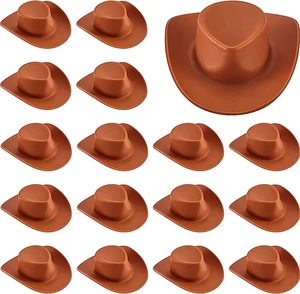 Detailed view of mini brown disco cowgirl hats in a bulk pack for party supplies