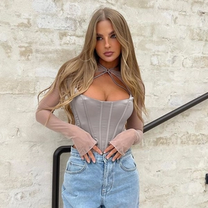 Sexy grey corset top with sheer long sleeves and lace-up detail for women