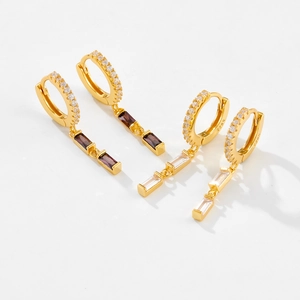 Elegant S925 sterling silver hoop earrings with purple and clear rectangular crystals