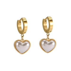 Golden titanium steel earrings with heart-shaped pearl pendants on a white background
