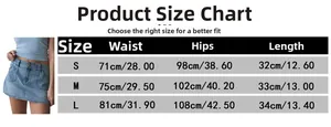 Size chart showing waist and hip measurements for high waist denim mini skirt
