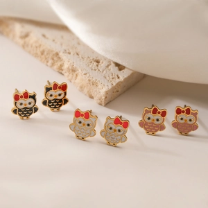 Cute Cartoon Owl Stud Earrings Stainless Steel Enamel Animal Ear Studs With Red Bow Gold Plated Jewelry For Women Gift