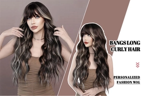 Detailed split view of long curly fashion wig with blonde highlights and stylish bangs