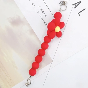 Red flower bead charm strap with 179mm length and silver metal rings for phone cases