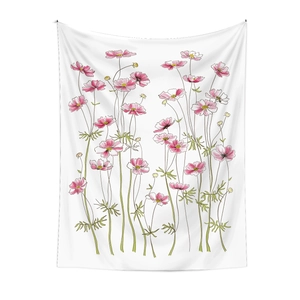 Detail of white floral tapestry with hand-painted pink cosmos flowers and green stems
